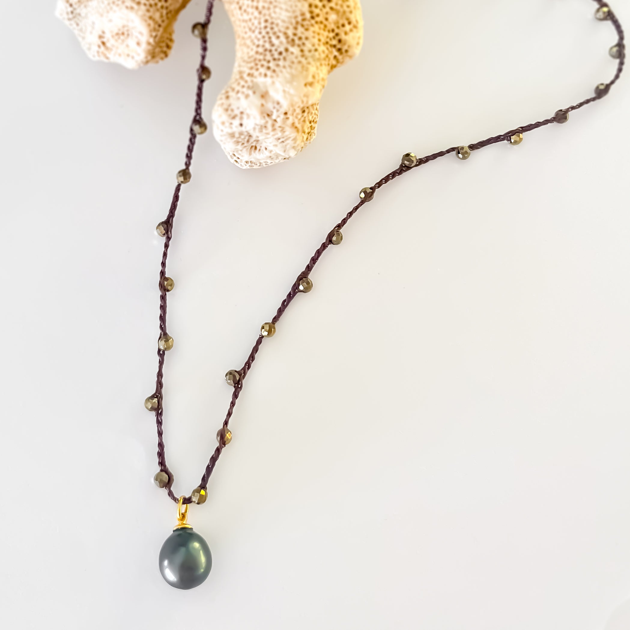 Tahitian Pearl + Pyrite Crochet Necklace