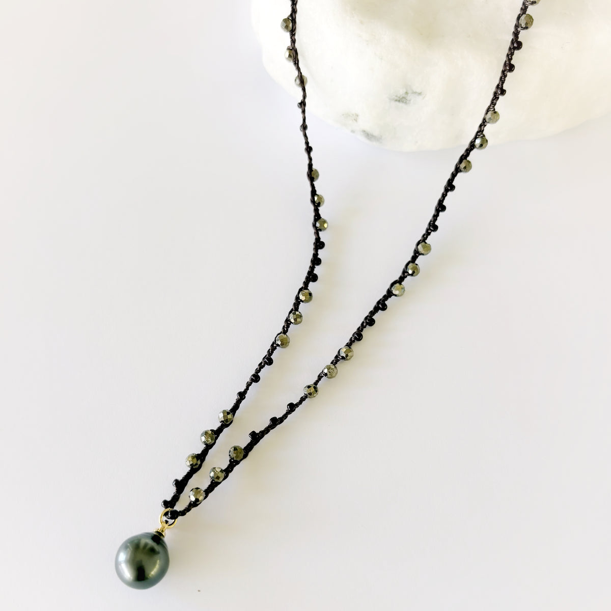 Tahitian Pearl + Pyrite Crochet Necklace