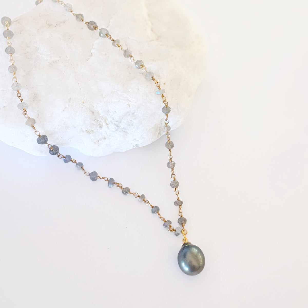 Labradorite Tahitian pearl necklace by Leighton Lam Designs featuring dark, iridescent pearls and polished gemstone accents.