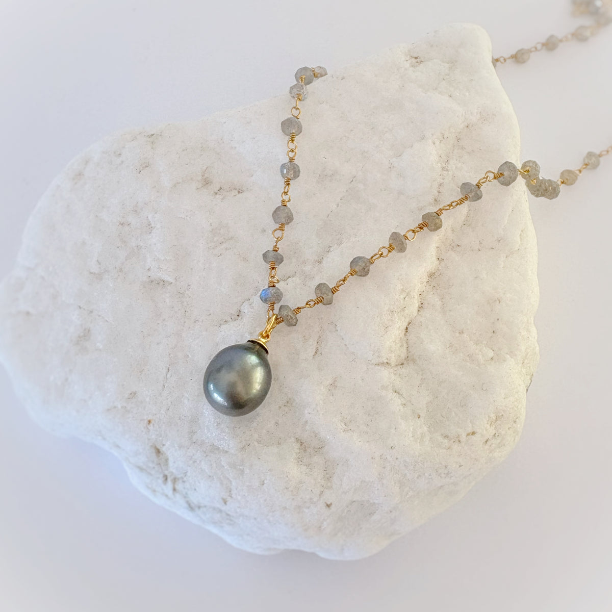 Labradorite Tahitian Pearl Necklace by Leighton Lam Designs featuring dark, iridescent pearls and Labradorite gemstone accents.