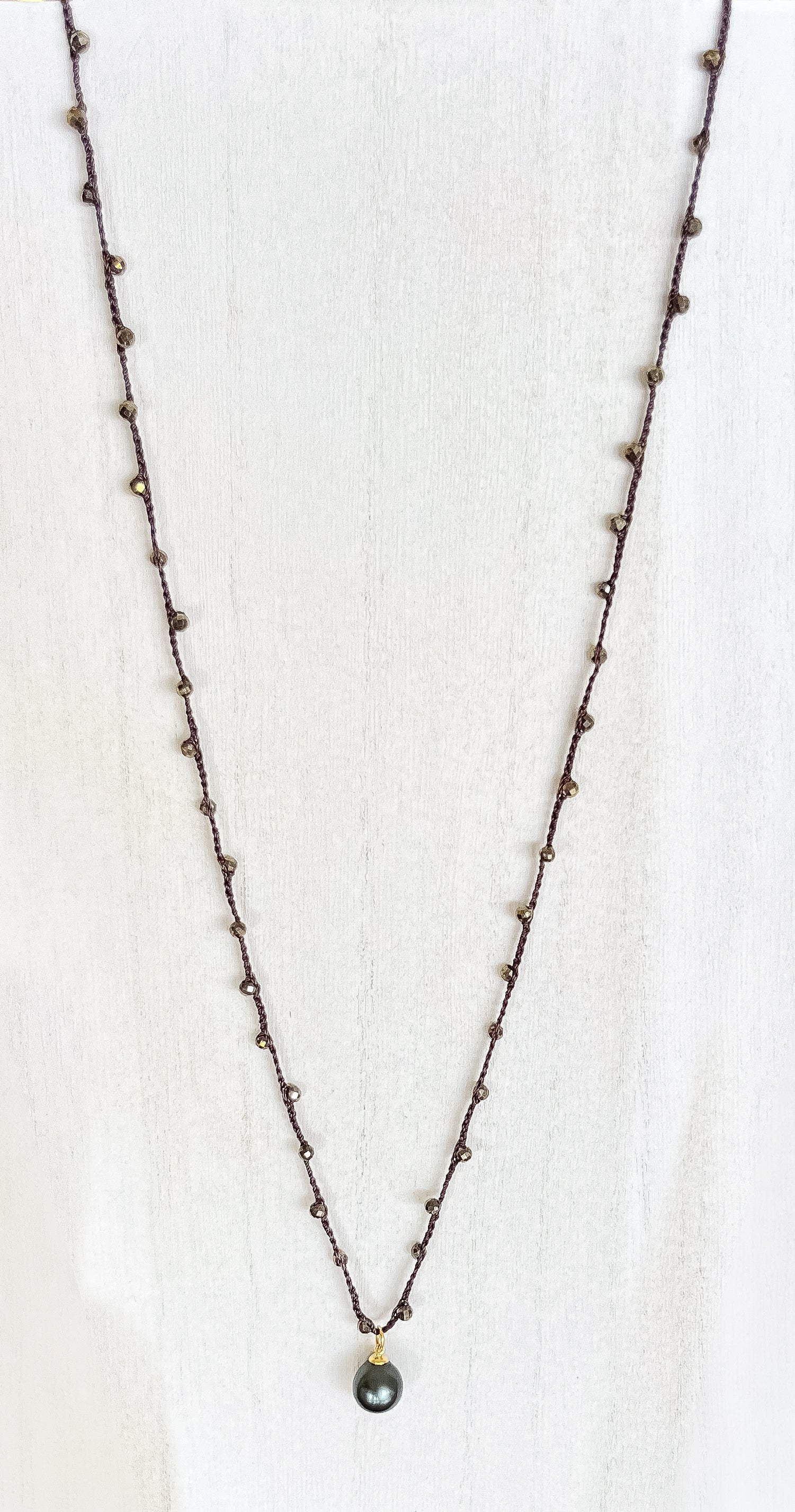 Tahitian Pearl + Pyrite Crochet Necklace
