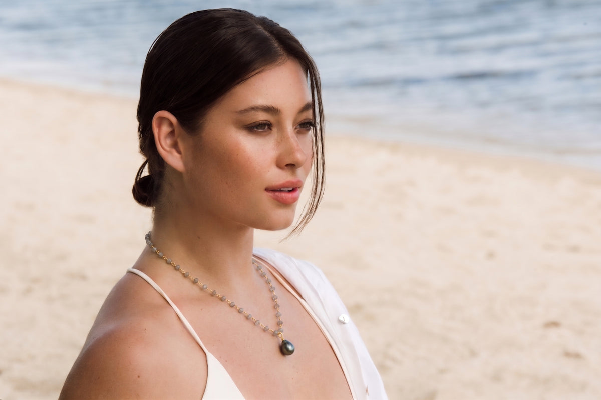 Labradorite and Tahitian pearl necklace by Leighton Lam Designs featuring a pendant with iridescent labradorite and black Tahitian pearls.