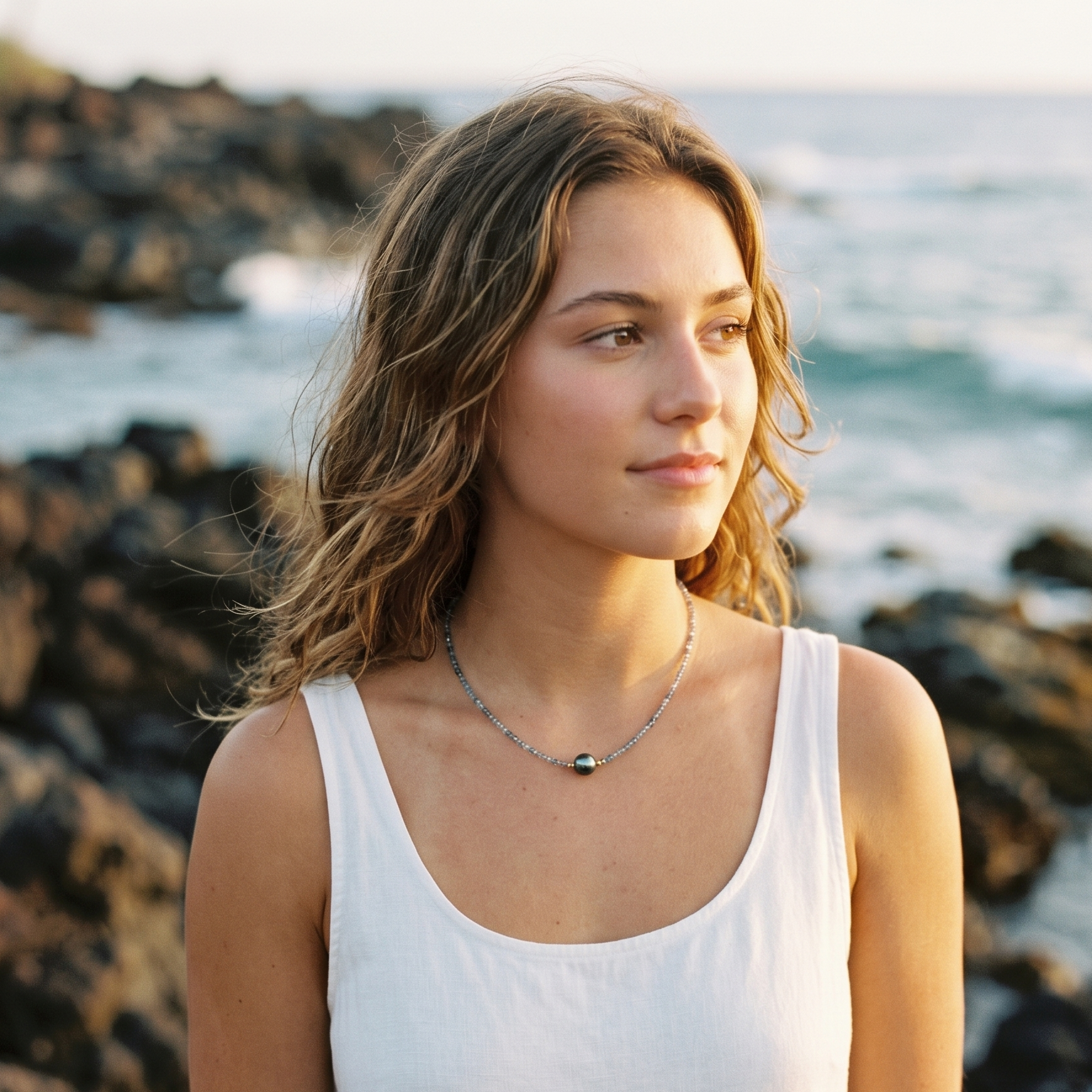 Woman wearing a Tahitian pearl necklace with sea beads. In Hawaii