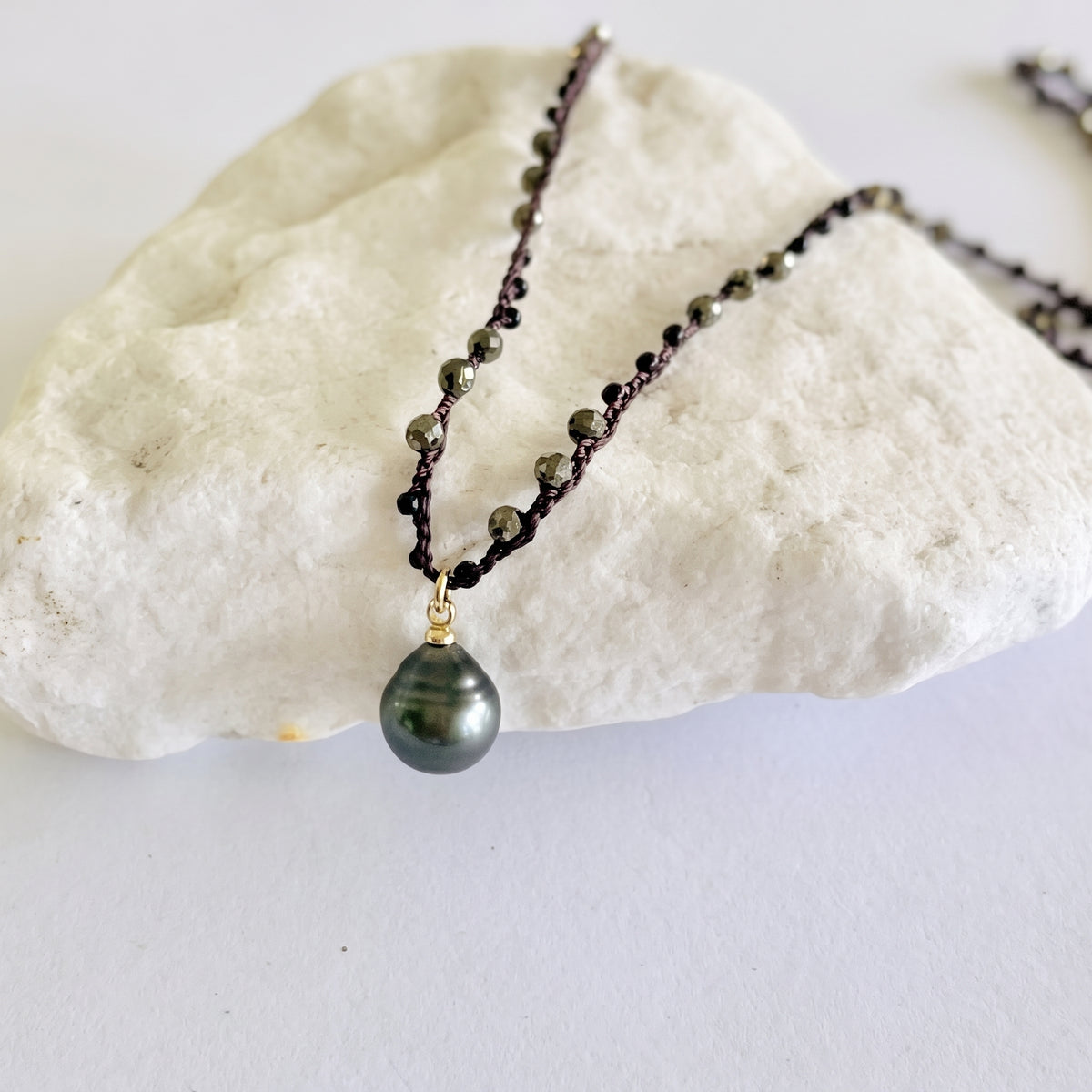 Tahitian Pearl + Pyrite Crochet Necklace