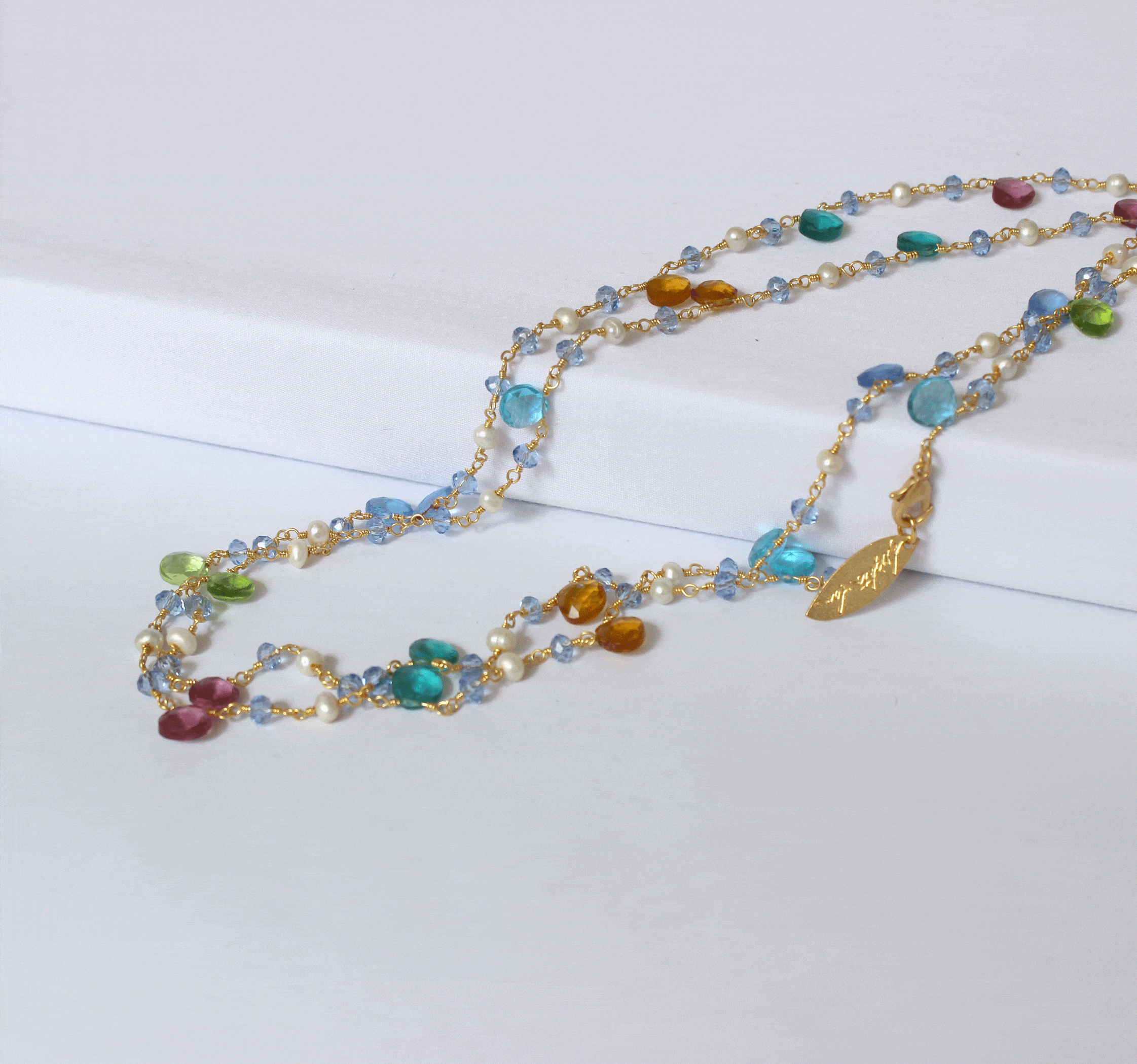 Multi-Quartz Stone & Pearl Vermeil Necklace