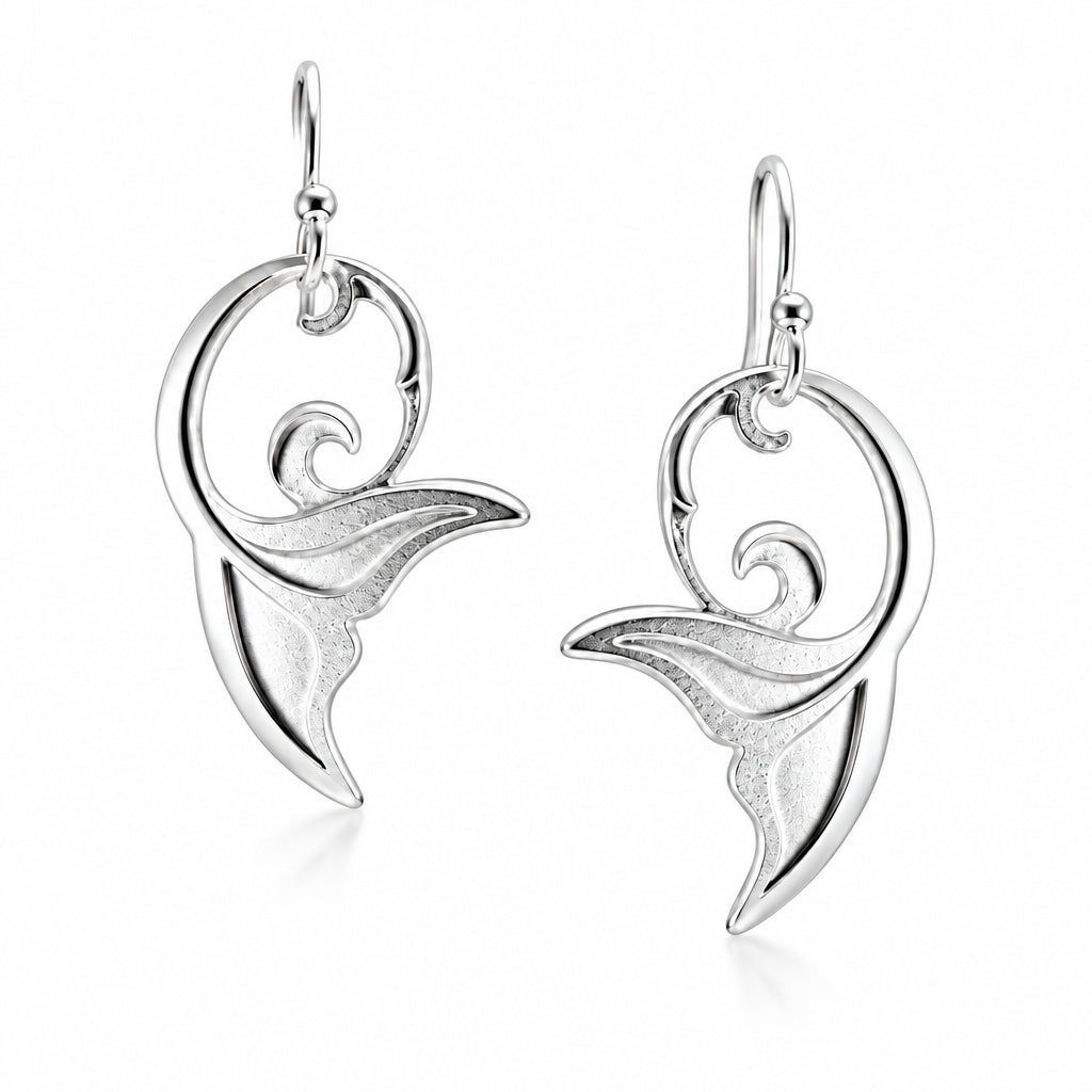 Silver whale tail earrings by Leighton Lam Designs featuring elegant, detailed marine-inspired jewelry for ocean lovers.